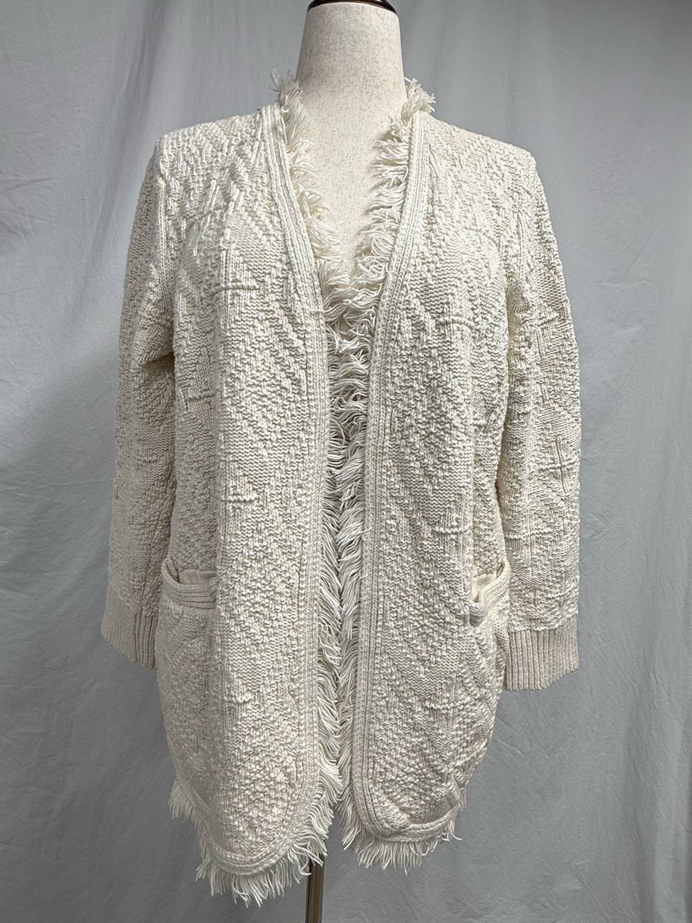 Banana Republic 100% Cotton Cream Fringe Open-Front Cardigan